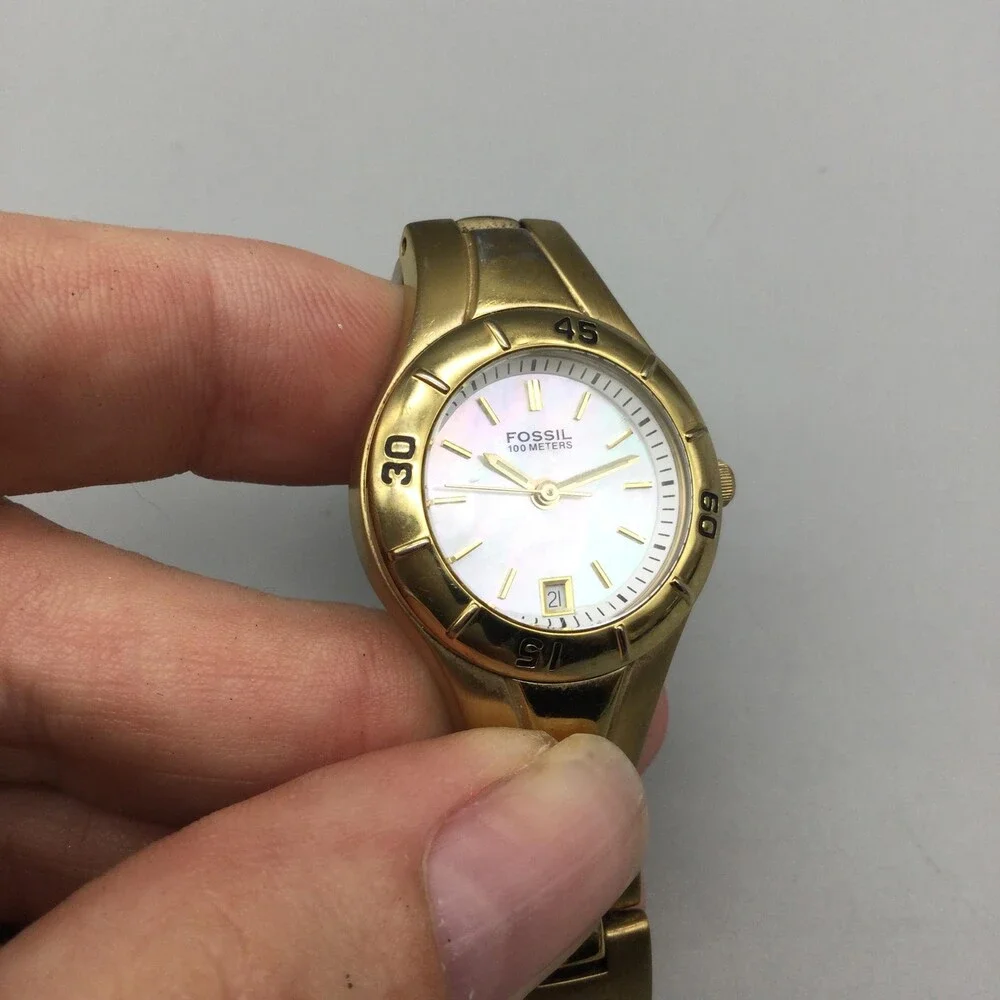 Fossil AM-3859 Womens Watch 25mm White MOP Dial Gold Tone Date New Battery 6